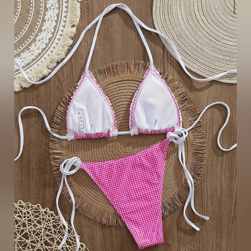 Pink Gingham Ruffle Side Tie Bikini Set - Picture 4 of 8